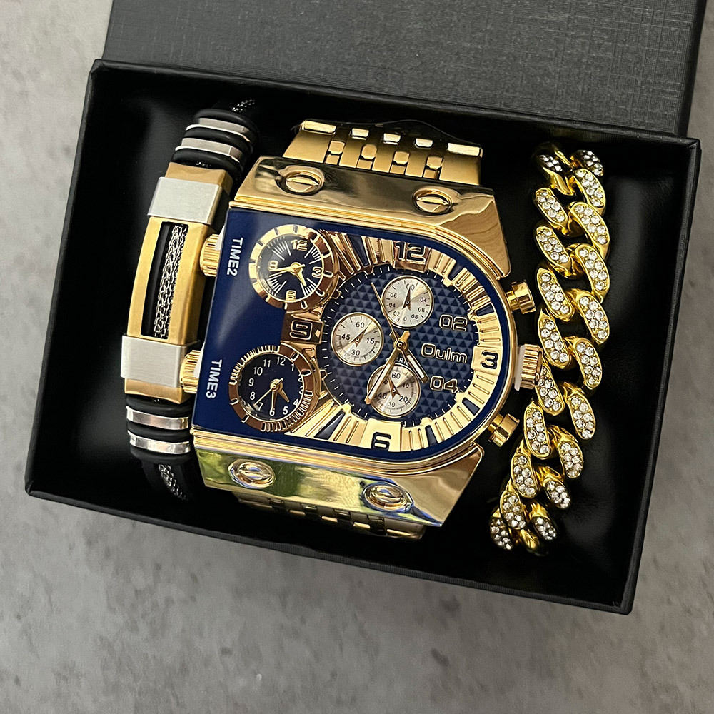 Smartwatch Faces - นาฬิกาควอทซ์กันน้ำเรืองแสงหน้าปัดใหญ่ทรงสี่เหลี่ยมผืนผ้าสีทองเงินสุดหรูสำหรับผู้ชาย ชุดนาฬิกาสปอร์ตหลายเขตเวลา ชุดเครื่องแบบทหาร
